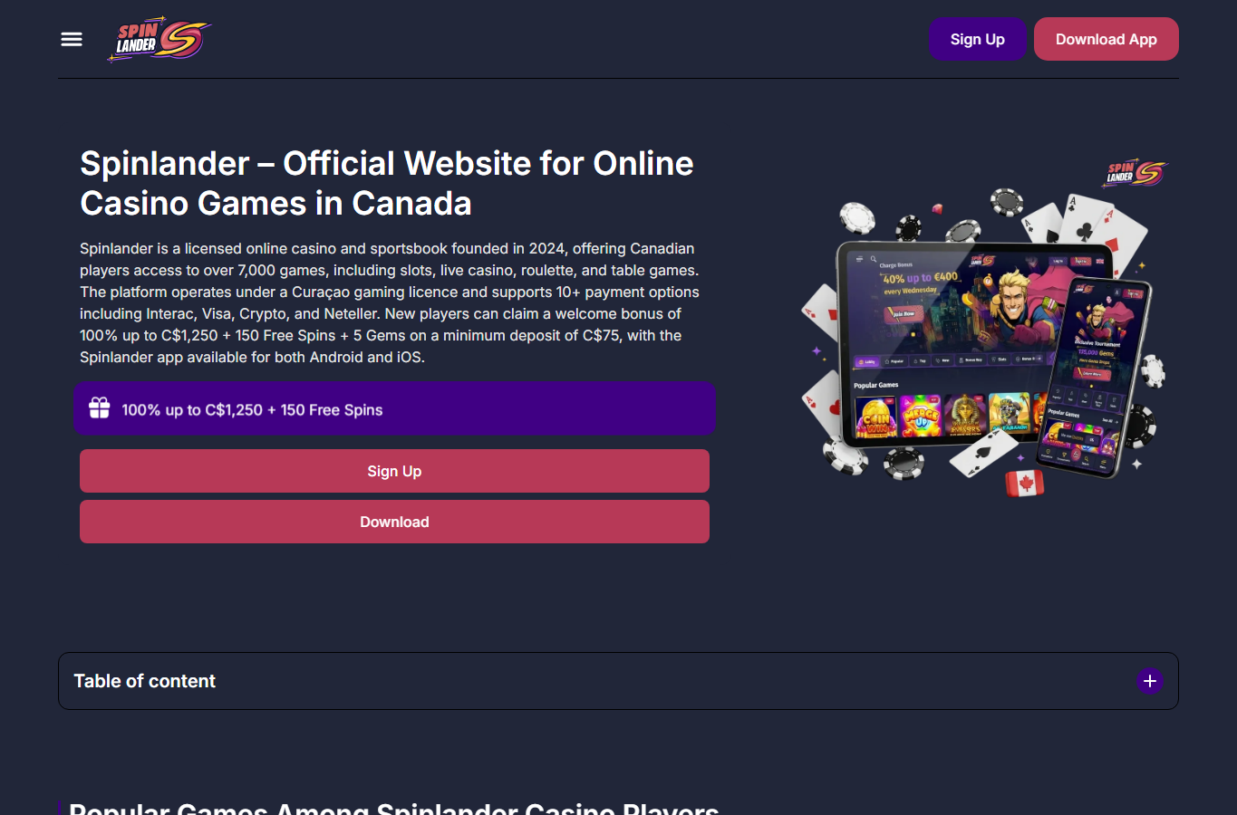 Schermata reale di SpinLander Casino